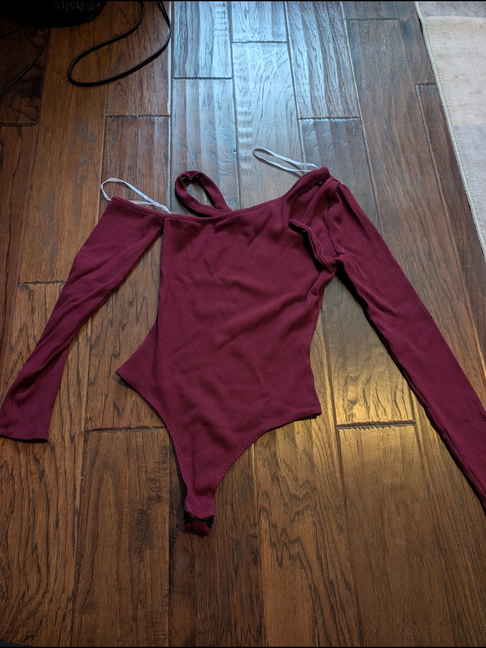 Lulu's Burgundy Ribbed Off-Shoulder One-Piece Bodysuit